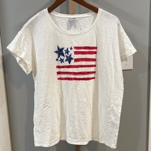 Chico's Cream Top with Red and Blue Flag Design
